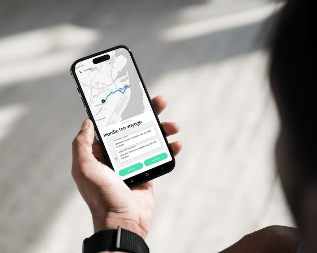 A hand holding an iPhone displaying the mobile version of the Allons Covoiturage app.