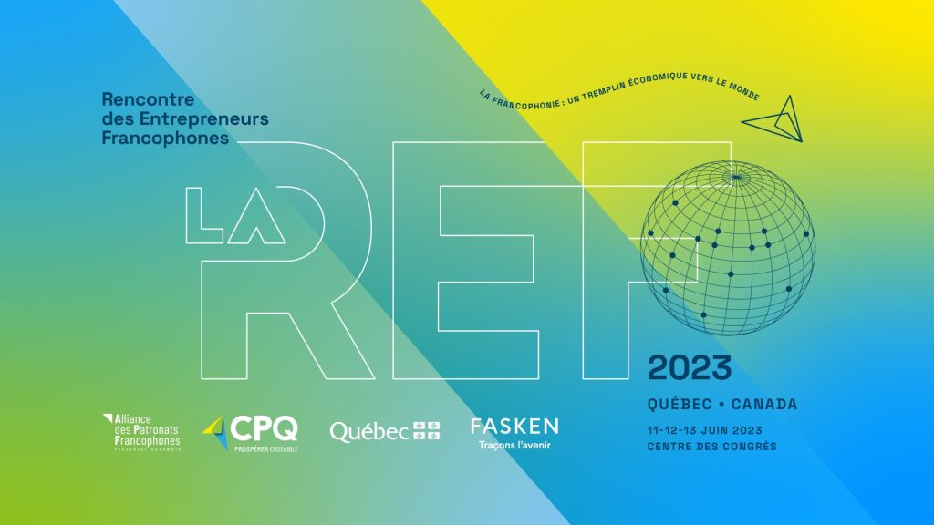 Infographie de l'événement Rencontre des Entrepreneurs Francophones 2023, avec les logos des partenaires et le titre de l'événement.