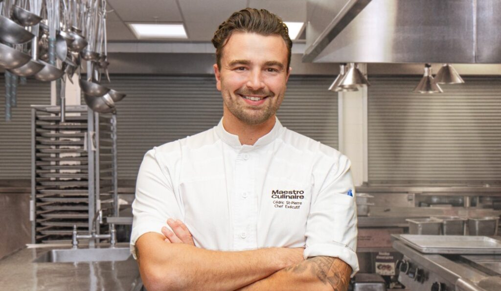 Black-and-white portrait of Cédric St-Pierre, executive chef at Maestro Culinaire since November 2025.