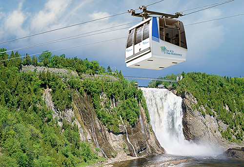 Cable car above waterfalls.