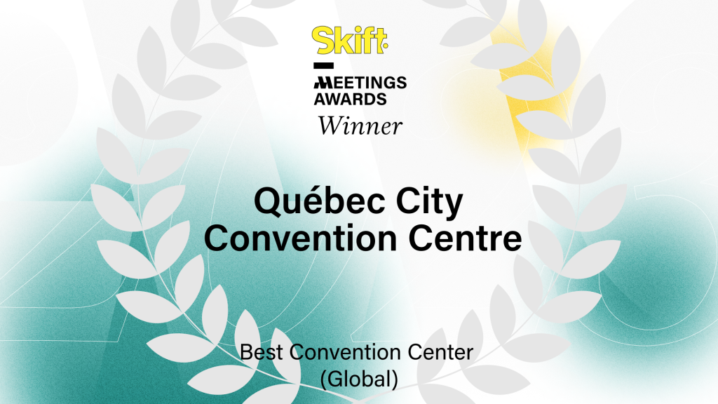 Infographie des Skift Meetings Awards 2023 mentionnant le Centre des congrès de Québec comme gagnant dans la catégorie Meilleur centre de congrès