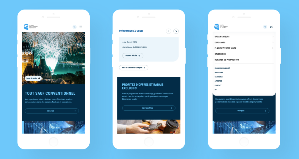 Aperçu du site Internet 2023 du Centre des congrès de Québec sur mobile.