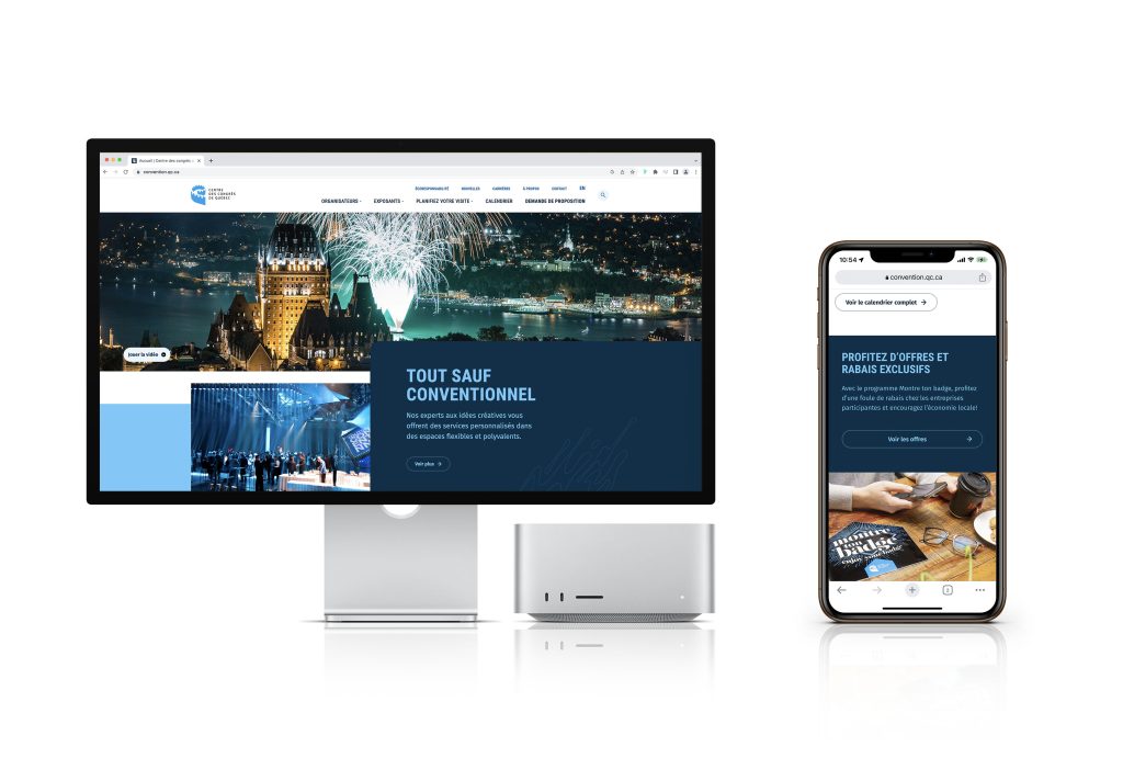 Aperçu du site Internet 2023 du Centre des congrès de Québec sur un ordinateur et sur un mobile.