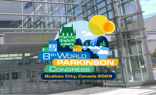 Logo du 8e World Parkinson Congress, qui réunira la communauté internationale liée à la maladie de Parkinson à Québec en 2029, avec la façade du Centre des congrès de Québec en arrière-plan.