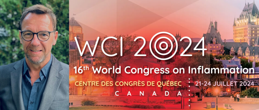 Bandeau officiel de la 16e édition du Congrès mondial sur l'inflammation, accompagné d'une photo de l'ambassadeur Marc Pouliot.
