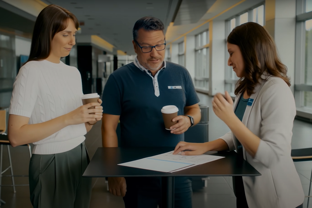 Thumbnail from the promotional video “Anything but Conventional,” showing two clients of the Québec City Convention Centre reviewing a floor plan with their sales representative.