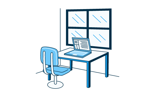 Illustration blanche et bleue d'un bureau et d'une chaise avec un portable devant une fenêtre.