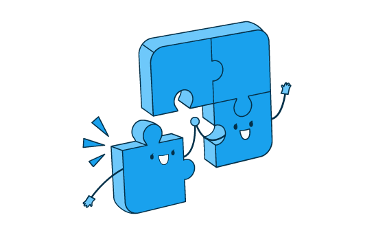 Illustration blanche et bleue d'un casse-tête de 4 morceaux et 2 morceaux avec visage et sourire.