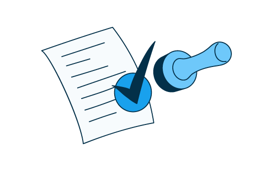 Illustration blanche et bleue d'une feuille de papier avec un crochet et un sceau de succès.