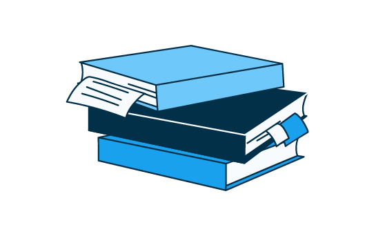 Illustration blanche et bleue d'une pile de livres.