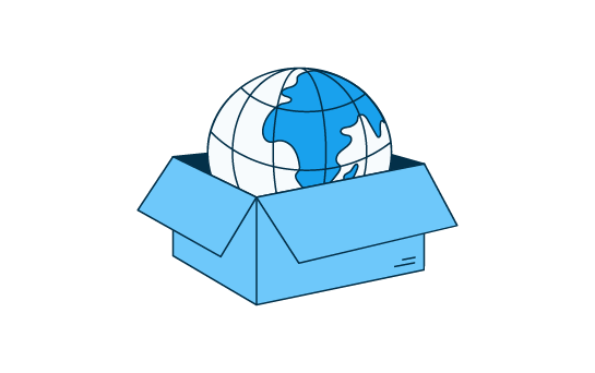 Illustration blanche et bleue d'une planète terre dans une boîte ouverte.