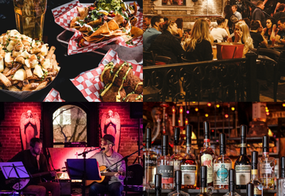 4 images of restaurants, food, drinks and signers.